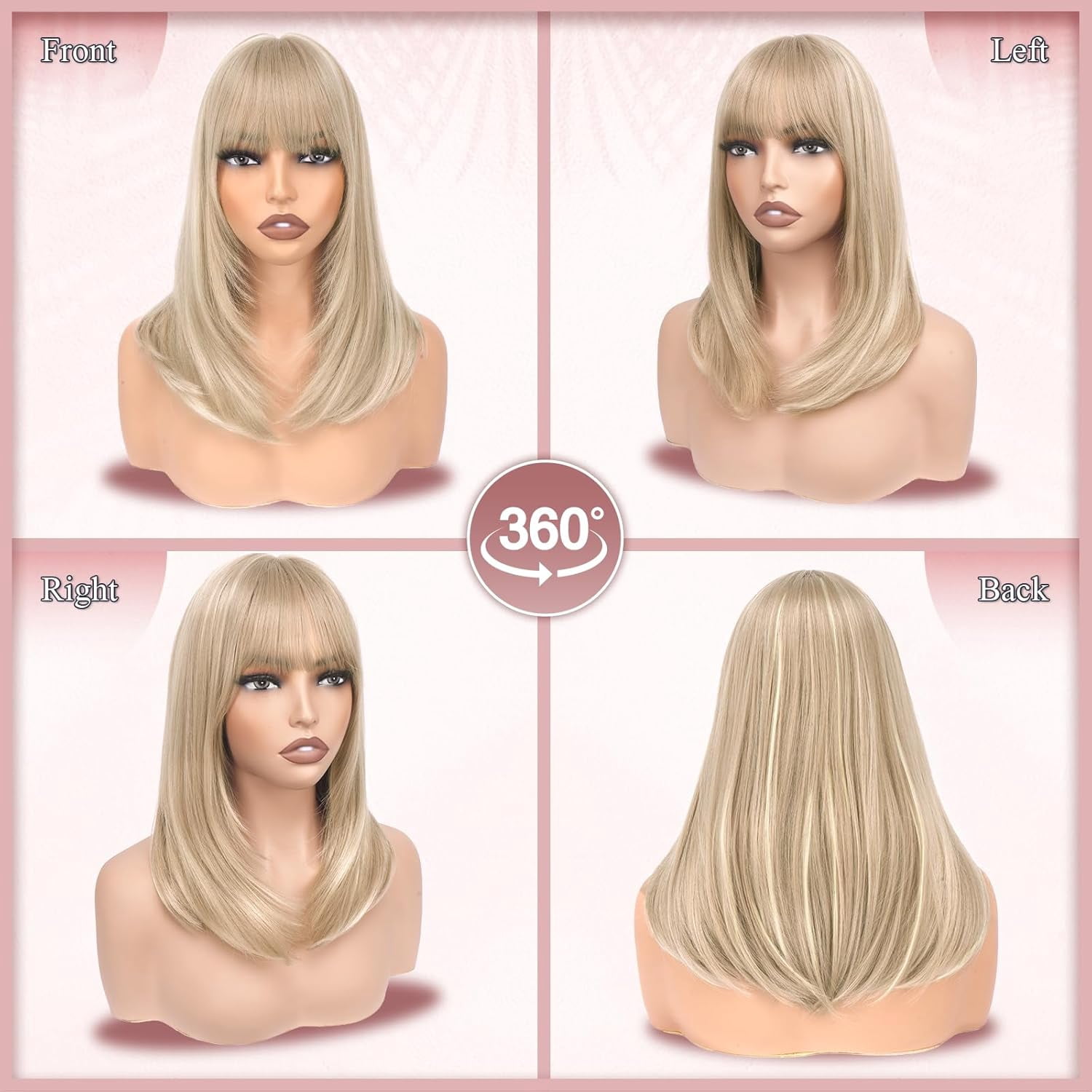 SUCS Blonde Bob Wigs with Bangs Shoulder Length Straight Natural Looking Synthetic Heat Resistant Medium Hair Wigs for Women Daily Party, 16 Inch Dirty Blonde