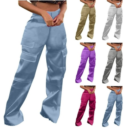 QATAINLAV Satin Cargo Pants for Women Button High Waist Wide Leg Pants Casual Loose Fit Straight Pants Solid Multiple Pockets Work Trousers Clearance Items Gray L