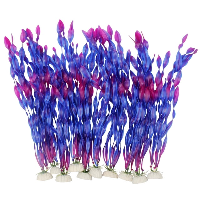 Plantas acuáticas de algas marinas artificiales para acuario, decoraciones de plantas para peceras, 10 piezas (púrpura), hojas suaves y base de cerámica resistente