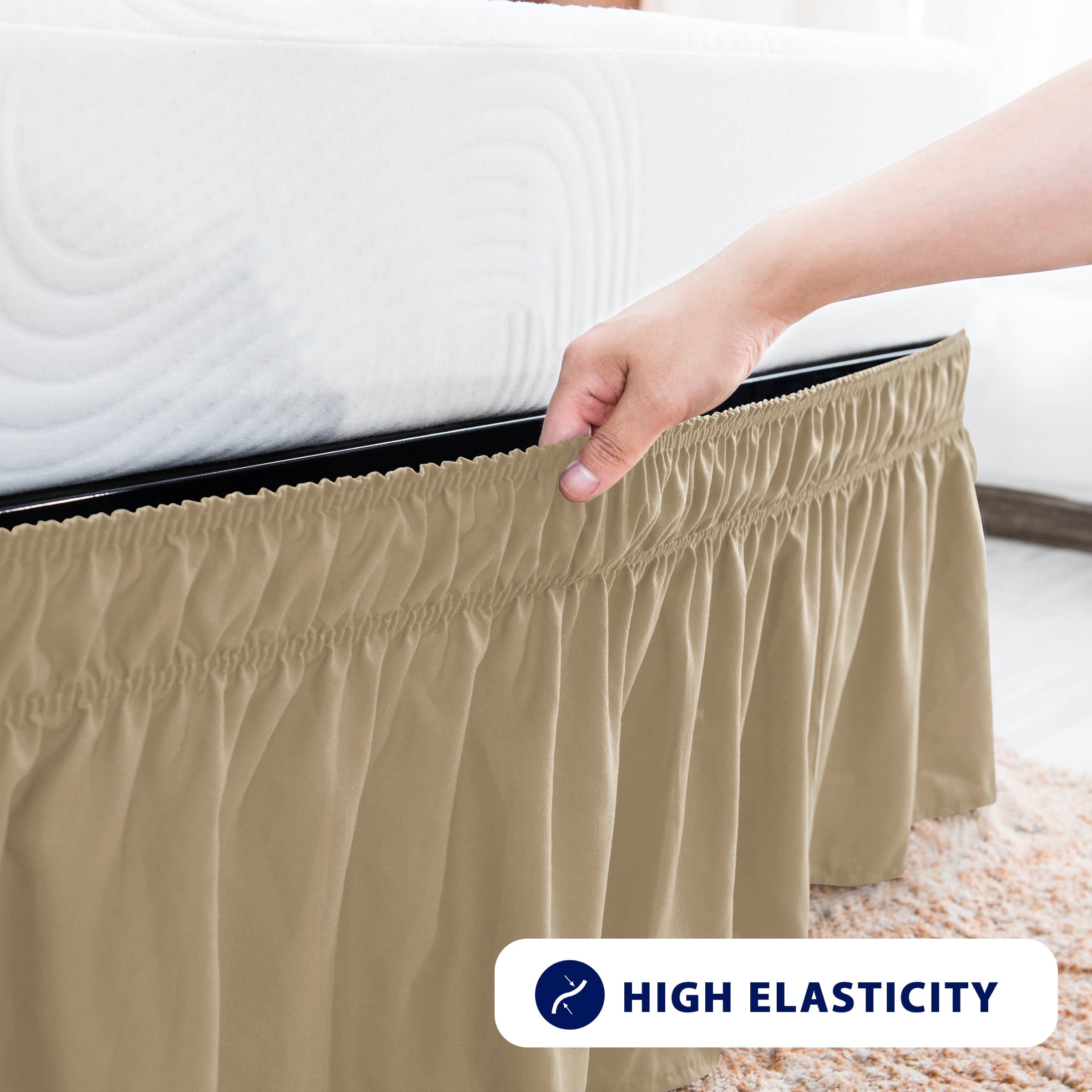 Subrtex Bed Skirt Wrap-Around Dust Ruffle Elastic 16 Inch Bed Cover, Queen, Khaki