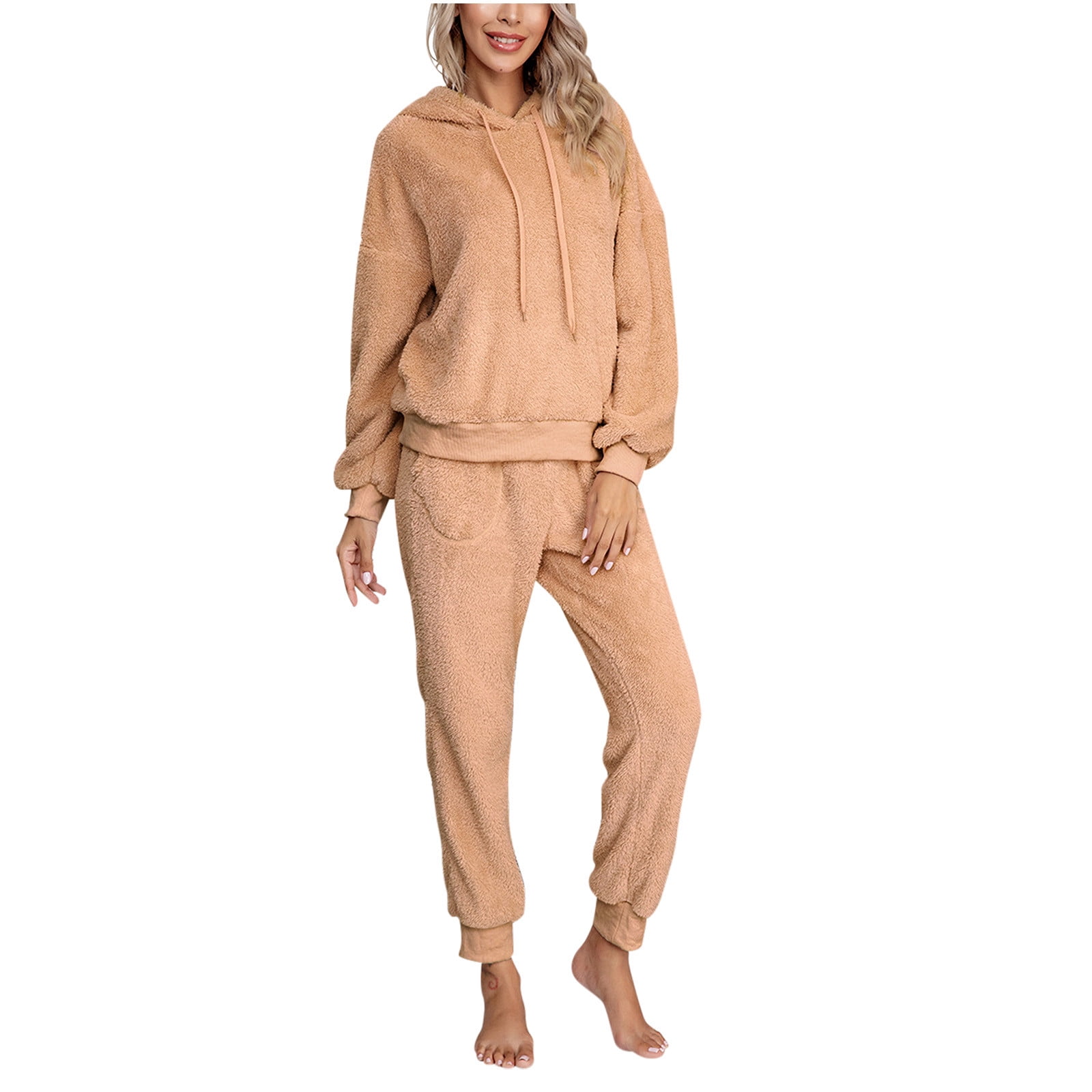 Womens Fuzzy Sherpa Fleece Pajamas Set Long Sleeve Hoodies Pajama Pants