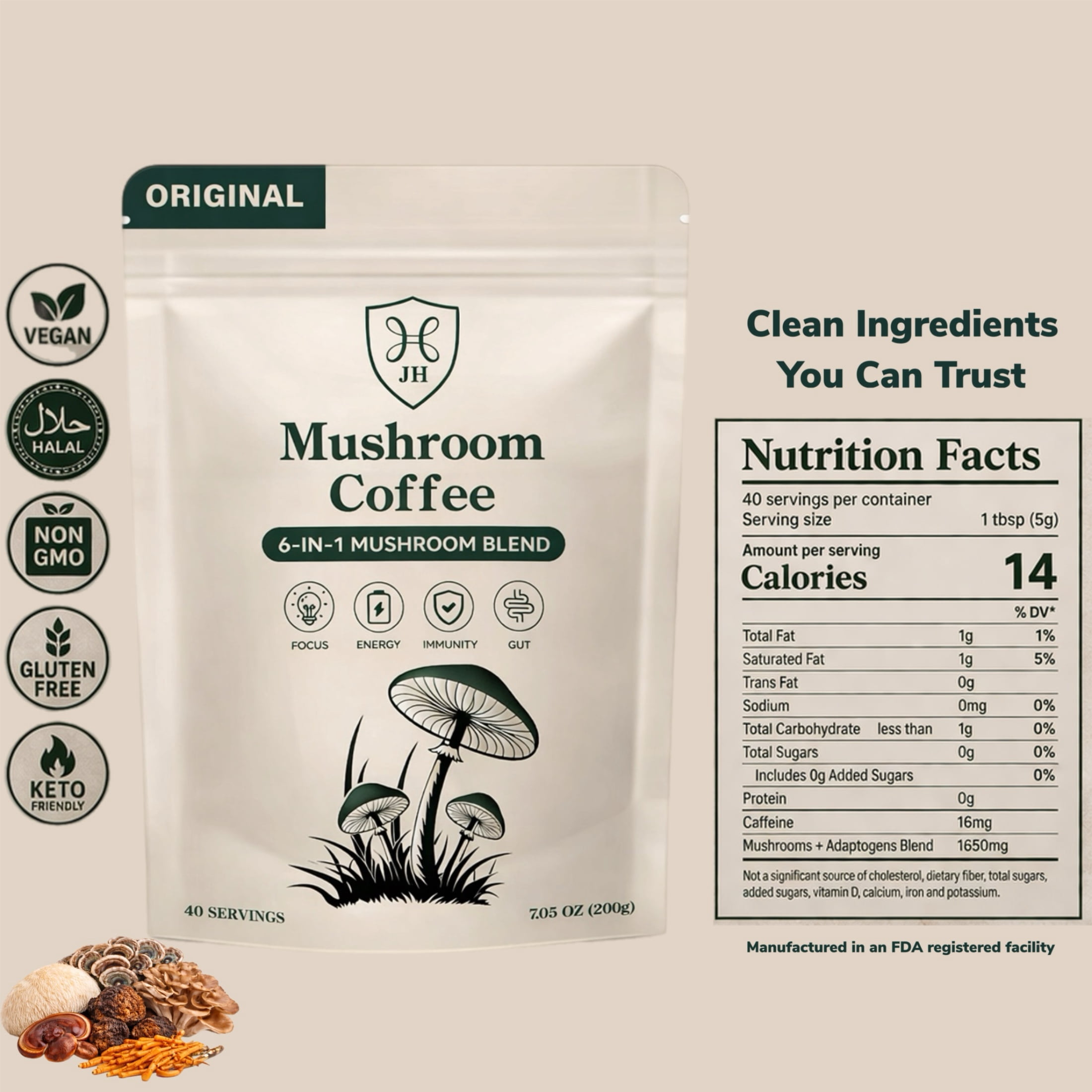 Mushroom Coffee 6-in-1 Instant Coffee, 40 Servings (200g), Lion’s Mane Cordyceps Reishi Blend, Low Caffeine Coffee Alternative, Sugar Free, Keto, Vegan