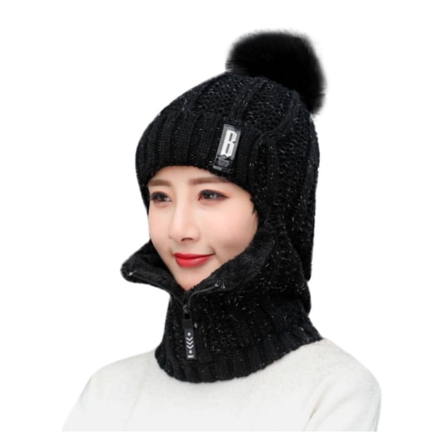Womens Earmuffs Add Flocking Thermal Cycling Warm Winter Hat Knitting Scarf Hat Baseball Caps Black One Size