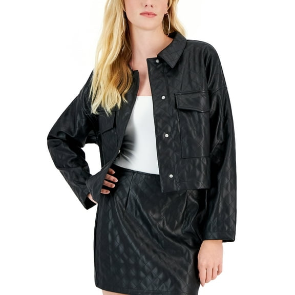 Tinseltown Juniors' Quilted Faux-Leather Cropped Shacket Black XS