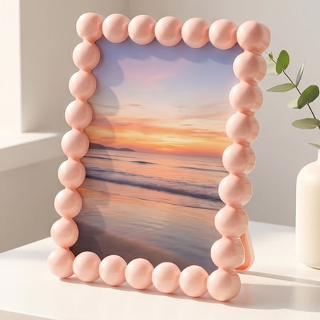 REGALWOVEN Beaded Resin Picture Frame with Glass, Elegant Pearl Border Photo Frame for Tabletop Display & Wall Mounting, Set of 1 Pink 4" x 6"
