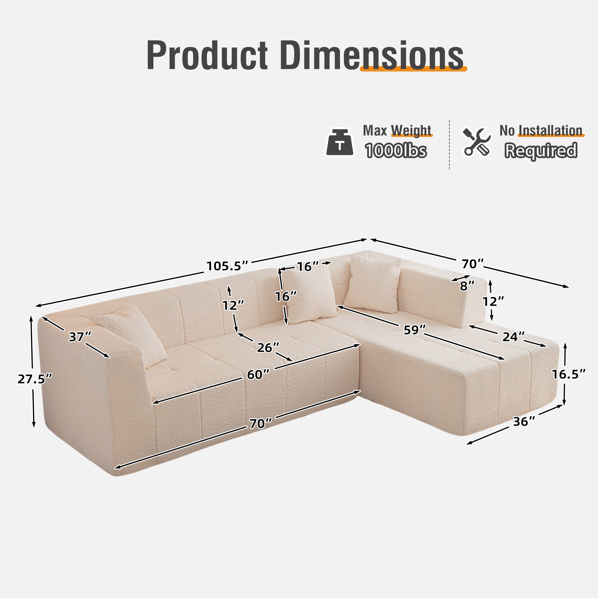 MOONMISS 105.5" Polyester Upholstered Modular Oversized L-Shaped Comfy Sectional Compressed Sofa-Beige