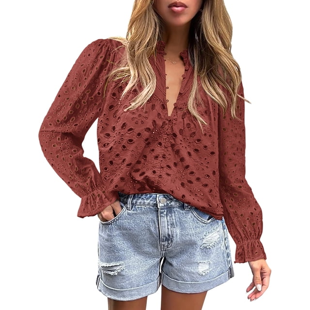 Blusa de Mujer PRETTYGARDEN Manga Abullonada con Encaje Talla M