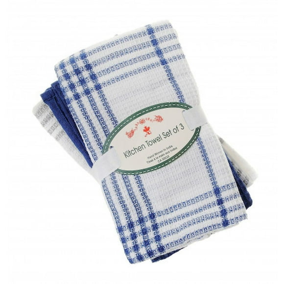 3 Piece Cotton Tea Towels - Navy Plaid Waffle Towel Set