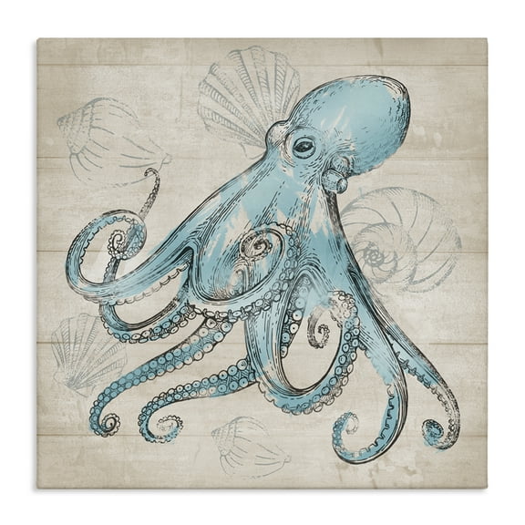 Stupell Industries Vintage Drawn Octopus Animals Painting Wrapped Canvas Art Print Wall Art, 17 x 17