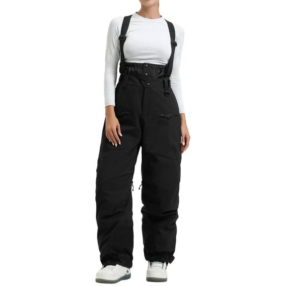 Ski Jumpsuit for Women Thickened Fleece-Lined Pants Windproof Ski Pants Long Overalls with Suspenders Black S