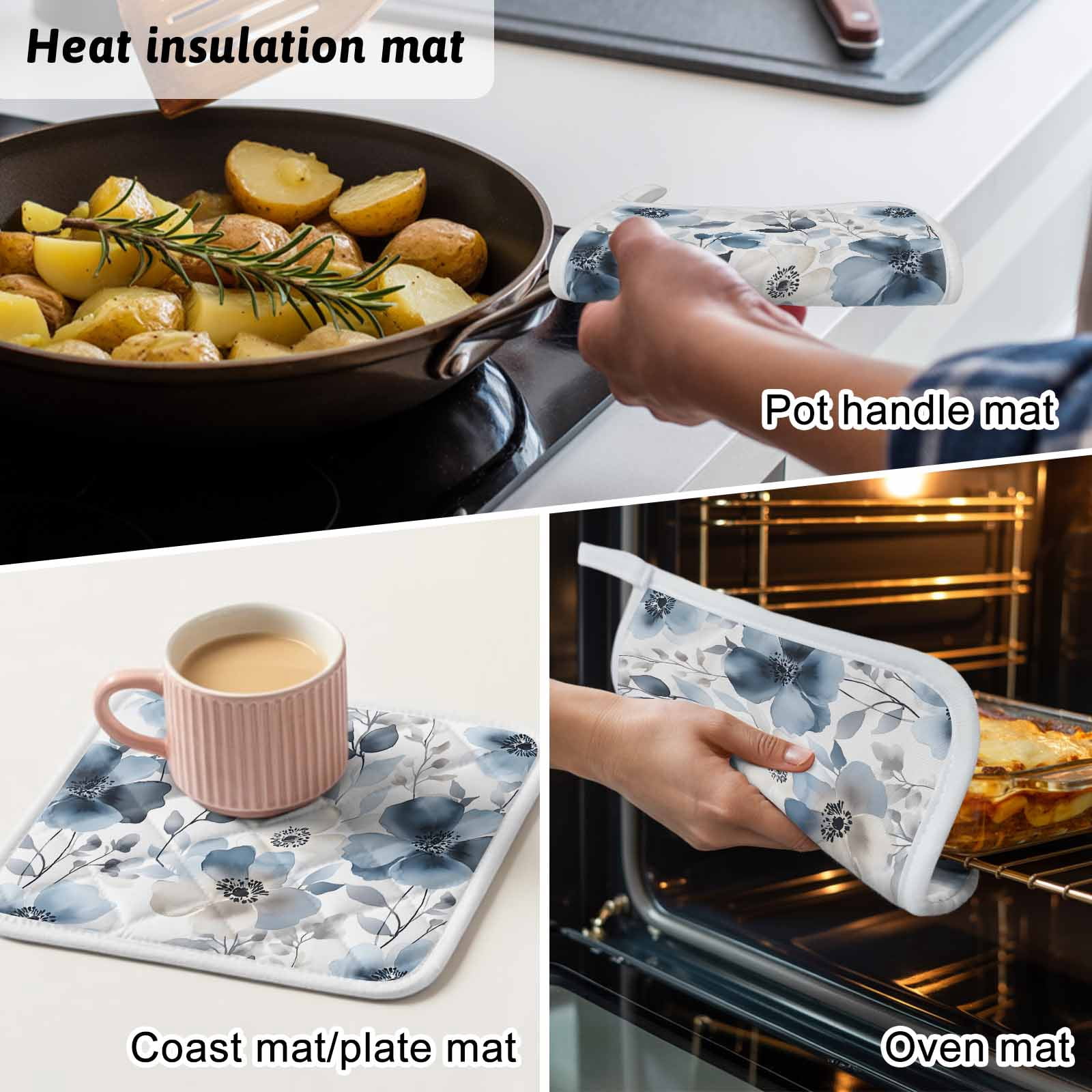 Blue Spring Floral Pot Holders for Kitchen Heatproof Potholder, 4 Pack Watercolor Summer Flowers Abstract Hot Pads Multipurpose Oven Pads Cloth Potholders Trivet for Cooking and Baking