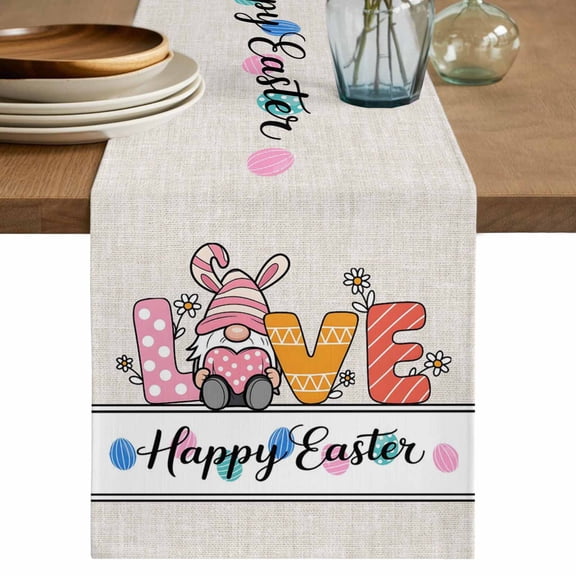 Table Runner 120 Inches Long for Kitchen Dining, Spring Easter Dresser Scarf Farmhouse, Dining Table Decorations for Wedding/Parties, Colorful Gnomes Rabbits Eggs Flowers Love Beige 13 x 120 In