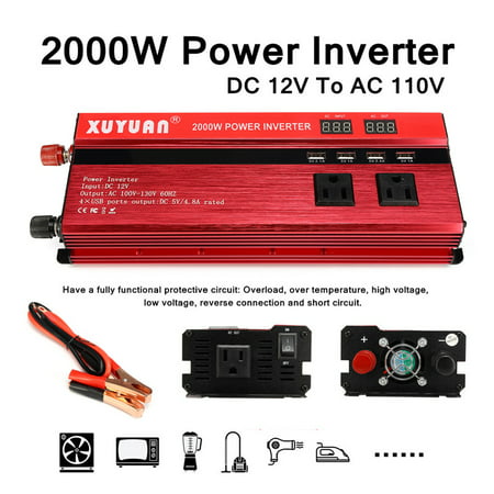 2000W Peak Car Power Inverter Converter Adapter Built-in Cooling Fan Modified Sine Wave DC 12V to AC 110V LED Diaplay with 4 USB Port
