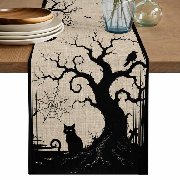 Table Runners 72 Inches Long Dress Scarves, Halloween Farmhouse Kitchen/Dining Table Decor Table Runner, Coffee Tablerunners, Black Ghost Trees Bats Cats Rustic Fall Beige 13x72 Inch