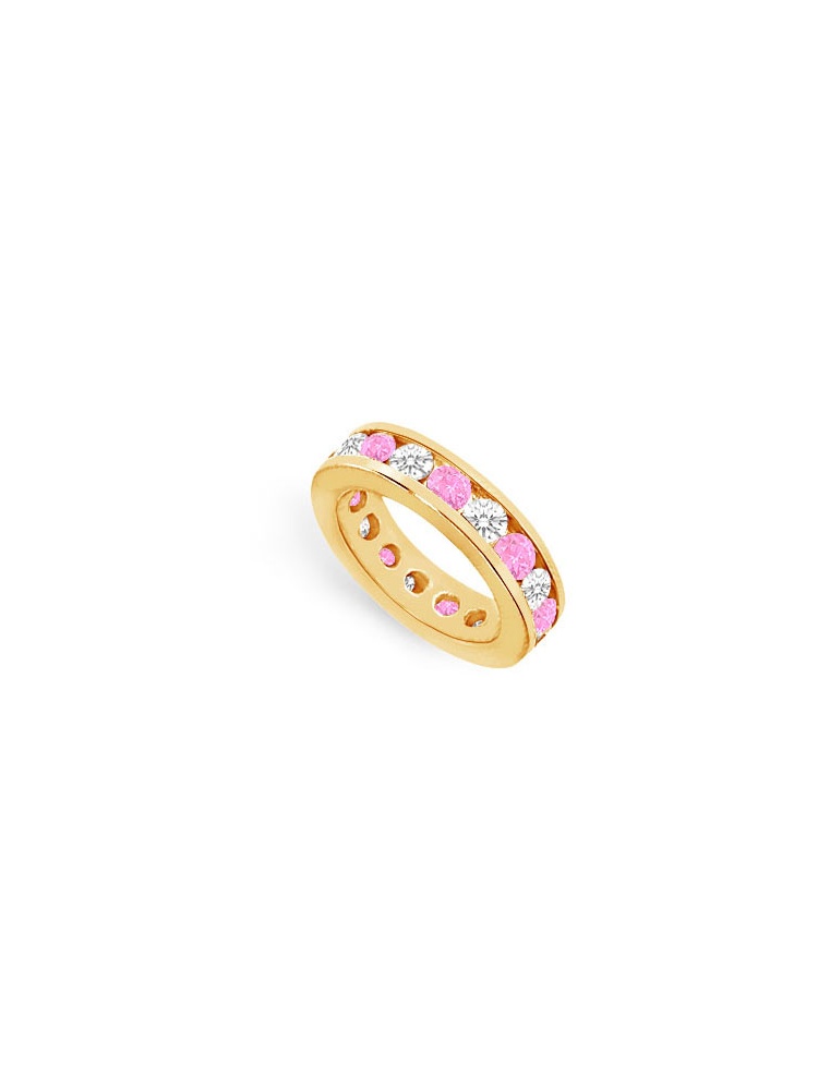 Nine Carat Created Pink Sapphire Created and Cubic Zirconia Eternity Ring in 18K Yellow Gold Vermeil Channel by Love Bright