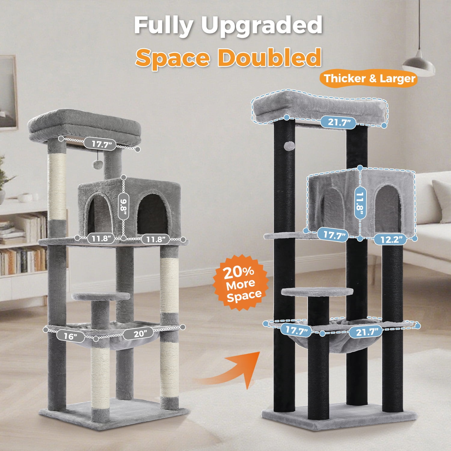 Pefilos 57" Cat Tree Tower for Indoor Cats, 5-Level Cat Condo with Large Hammock, Big Top Perch and 4 Sisal Covered Scratching Pos, Black