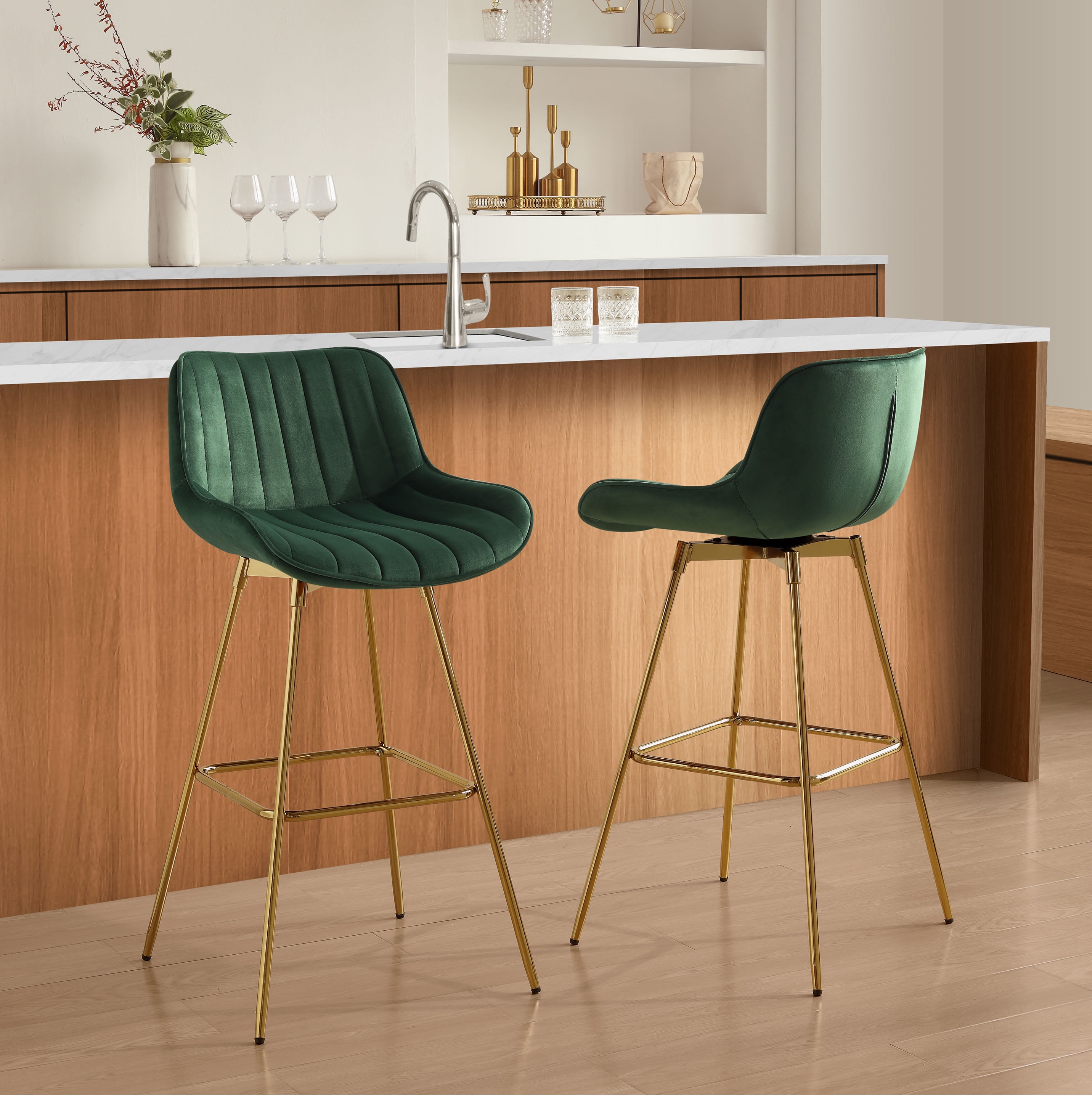 Art Leon Bar Stools with Back Set of 2, 26" Swivel Velvet Counter