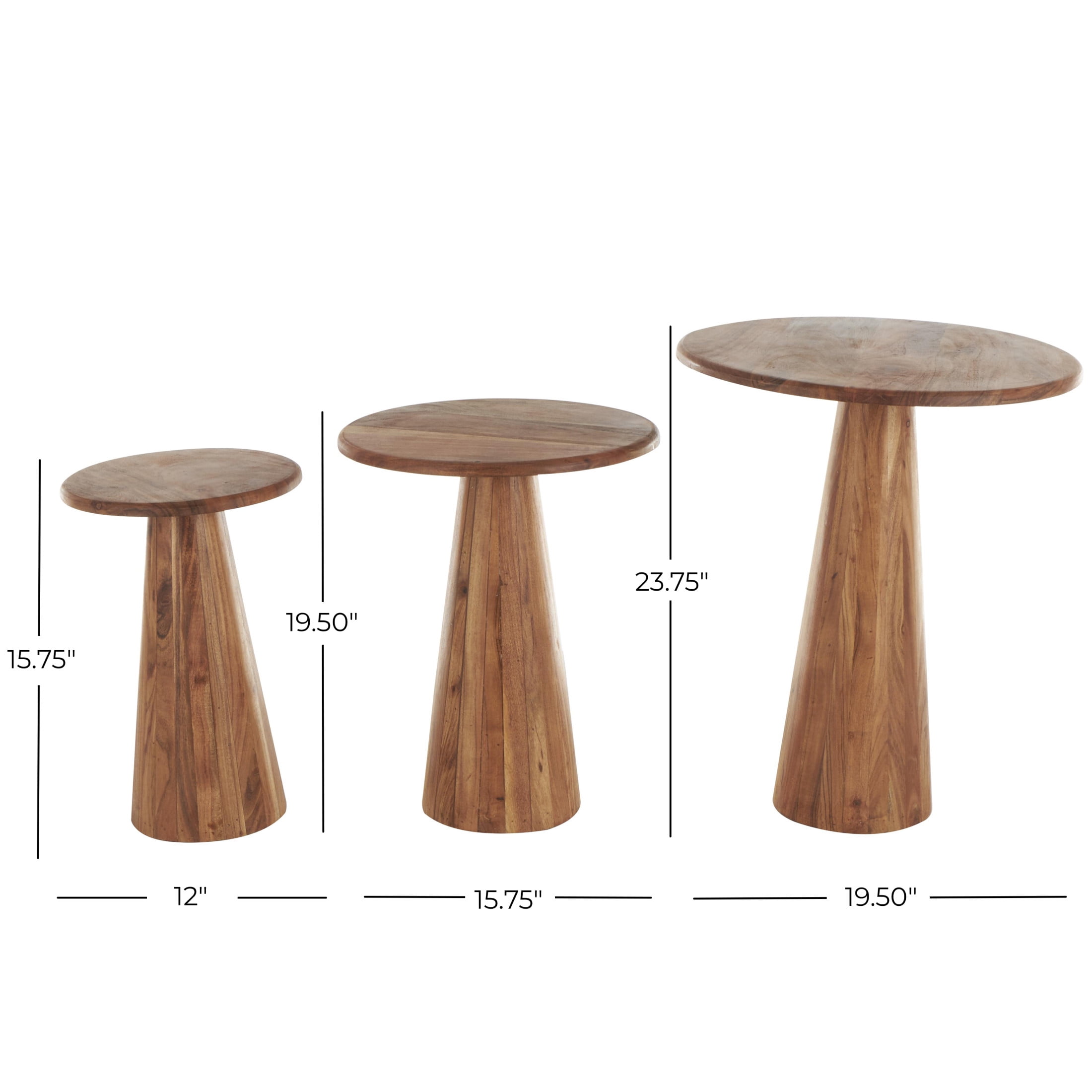DecMode 12" x 16" Brown Wood Accent Table with Natural Wood Grains and Cone Shaped Bases, 3-Pieces