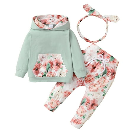 

KIMI BEAR Infant Baby Girls Outfits 12 Months Infant Girls Autumn Winter Outfits 18 Months Infant Girls Sweet Floral Print Hooded Pocket Long Sleeve Hoodie + Pants + Headband 3PCs Set Green