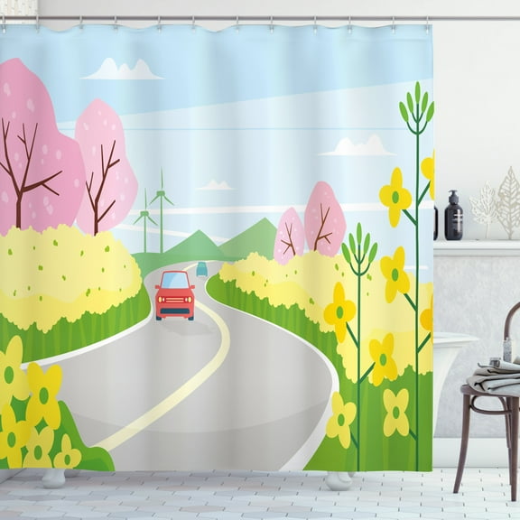 Travel Shower Curtain, Pastel Colorful Cheerful Cartoon Graphic of Nature and Cars on Road, Fabric Bathroom Set with Hooks, 69W X 84L Inches Extra Long, Multicolor, by Ambesonne
