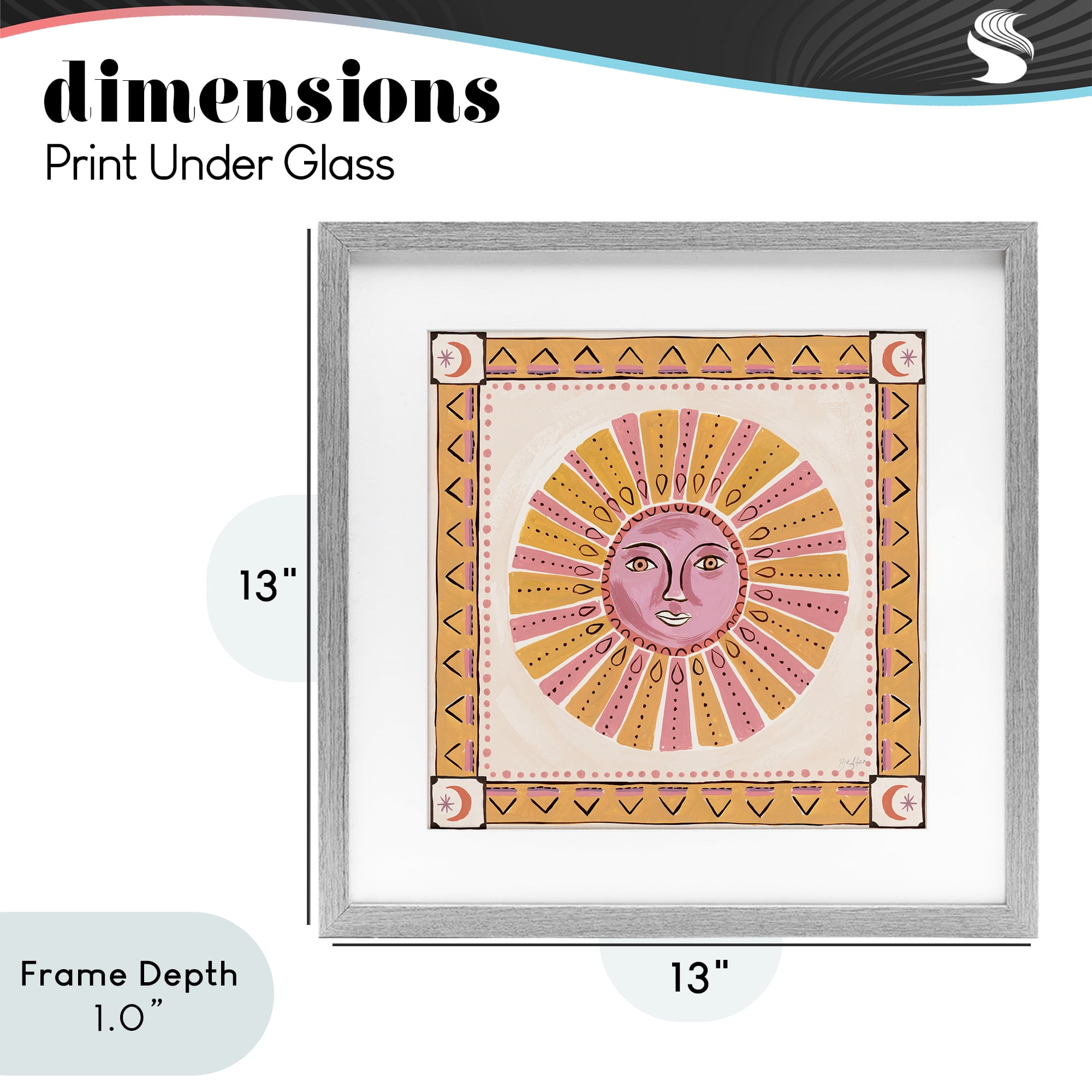 Stupell Industries Pink Sun Face with Geometric Border Gray Framed Print Under Glass, design by Two If By Sea Studios
