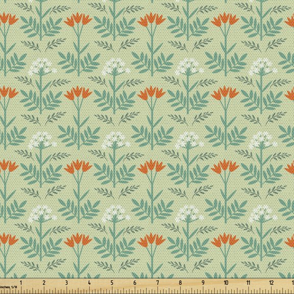 Floral Fabric by the Yard, Continuous Eastern Style Blossoms Leaves Botanical Illustration, Decorative Upholstery Fabric for Sofas and Home Accents, Pale Green Dark Peach by Ambesonne