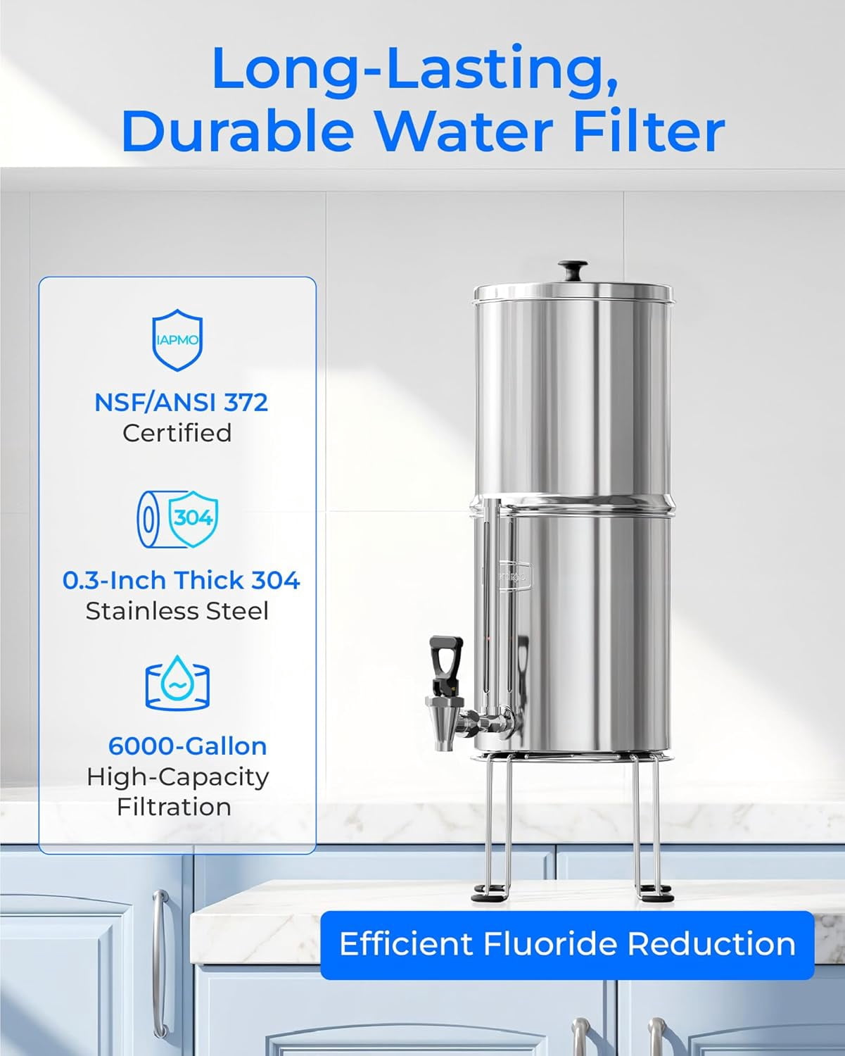 Waterdrop Gravity-fed Water Filter System, NSF/ANSI 42&372 Standard, 2.25G Stainless-Steel System with 4 Filters, Metal Water Level Spigot and Stand, Reduces Chlorine-King Tank Series, WD-TK-FS