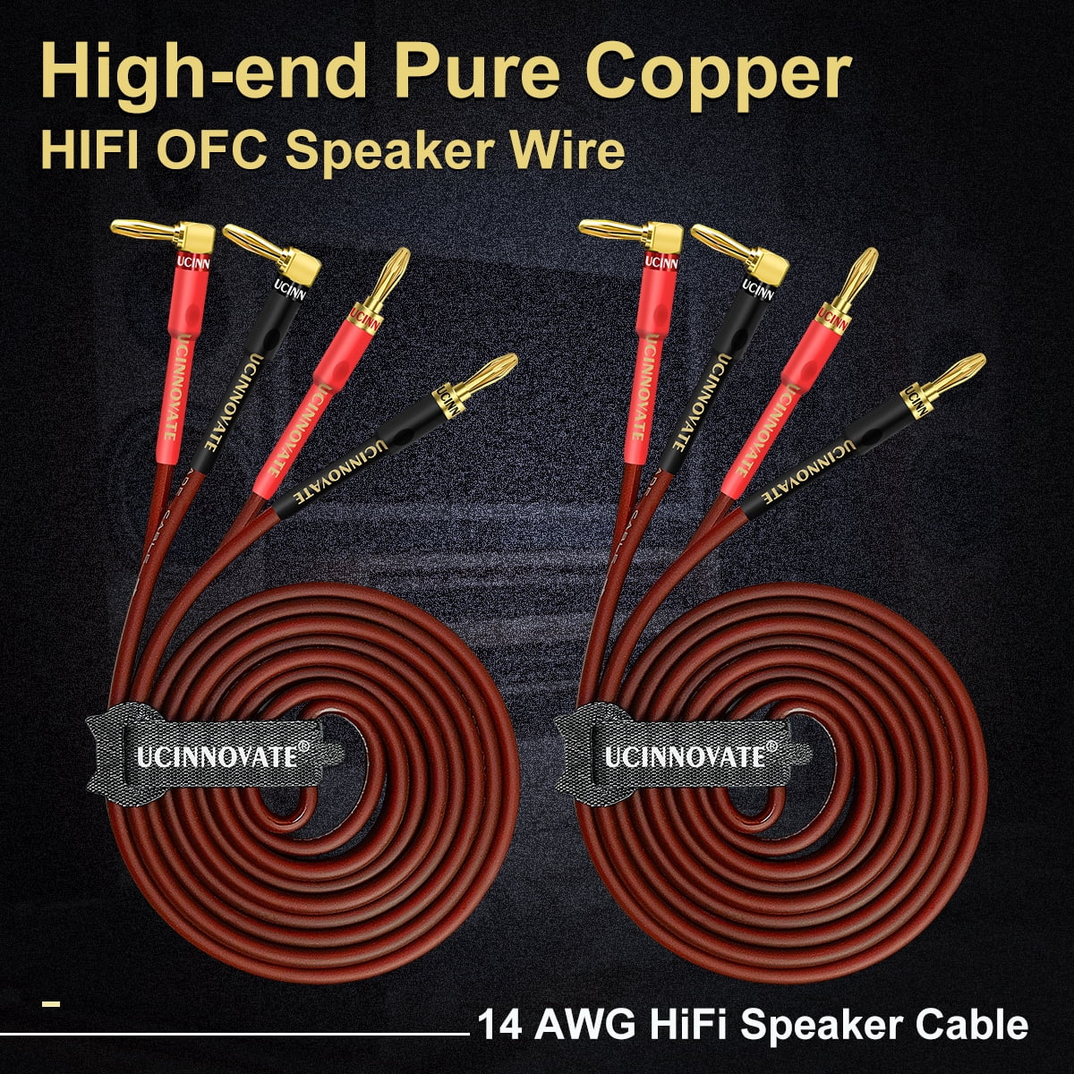 UCINNOVATE 14 AWG Speaker Wire with Banana Plugs, 2X 3m HiFi OFC Speaker Cable with Gold-Plated Right Angle to Banana Plugs Audio Cord for Audiophile (9.8FT)