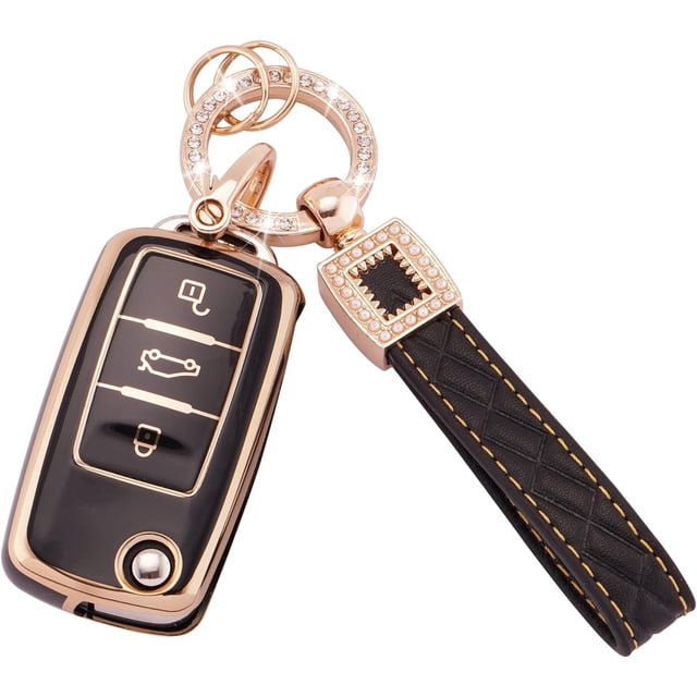 Key Fob Cover Compatible with Fit for VW Volkswagen Golf GTI Tiguan Atlas Polo Jetta Bling Key Case Protection Shell with Keychain Case Holder Protector,1,Black