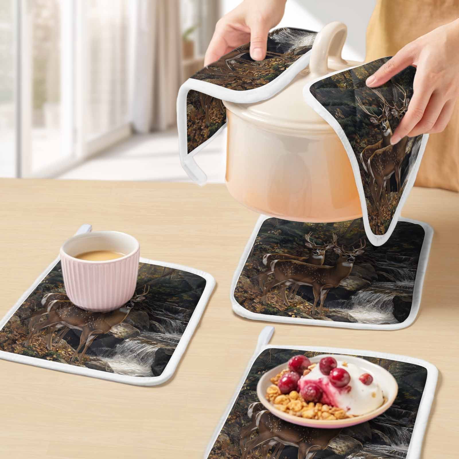Forest Deer Pot Holders for Kitchen Heatproof Potholder, 3 Pack Farmhouse Vintage River Elk Hot Pads Multipurpose Oven Pads Cloth Potholders Trivet for Cooking Baking