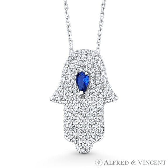 Hamsa Hand Evil Eye Charm Blue & Clear CZ Crystal Pendant & Chain Necklace in .925 Sterling Silver