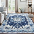 thumbnail image 6 of Tzou Vintage Floral Low Profile Area Rug 5x7 for Bedroom Living Room Super Soft Floor Mat, Machine Washable, Navy Blue, 6 of 7