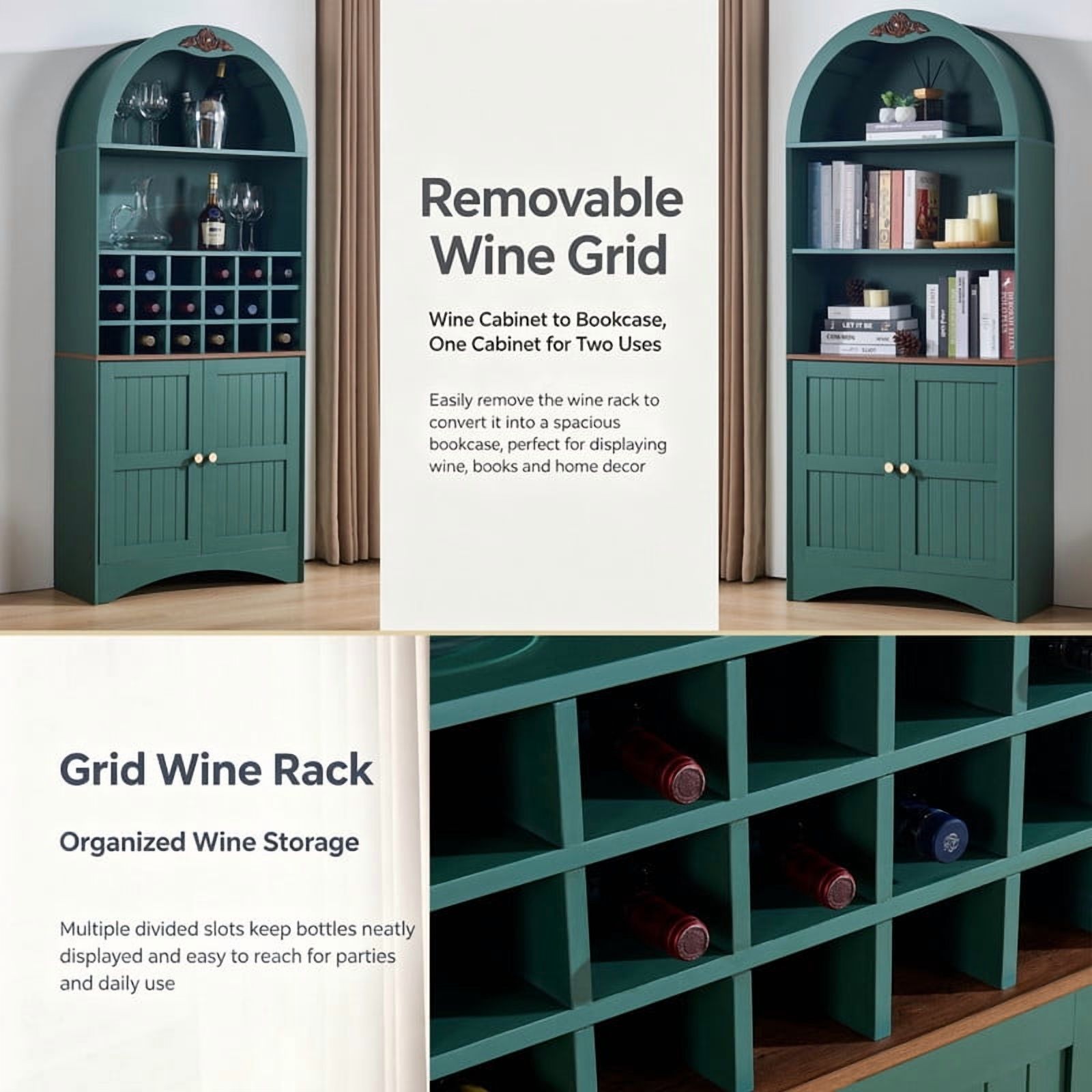 Arched Bar Wine Storage Liquor Cabinet with Removable Wine Grid, Freestanding Bookcase with Adjustable Shelves