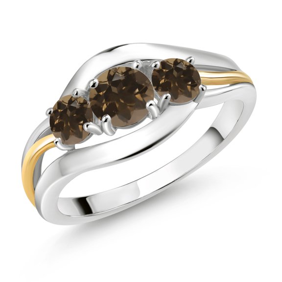 Gem Stone King 925 Sterling Silver and 10K Yellow Gold Round Brown Smoky Quartz 3 Stone Ring for Women (1.02 Cttw, Size 7)