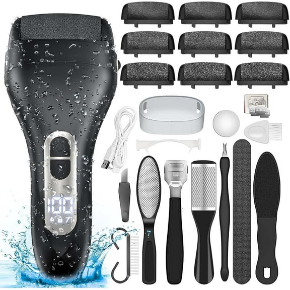 Portable Pedicure Kit Foot File Callus Remover, Electric Callus Remover for Feet,IPX7 Waterproof, with 9pcs Larger Grinding Head  for Foot Care Deadskin Remover LCD Display-Black