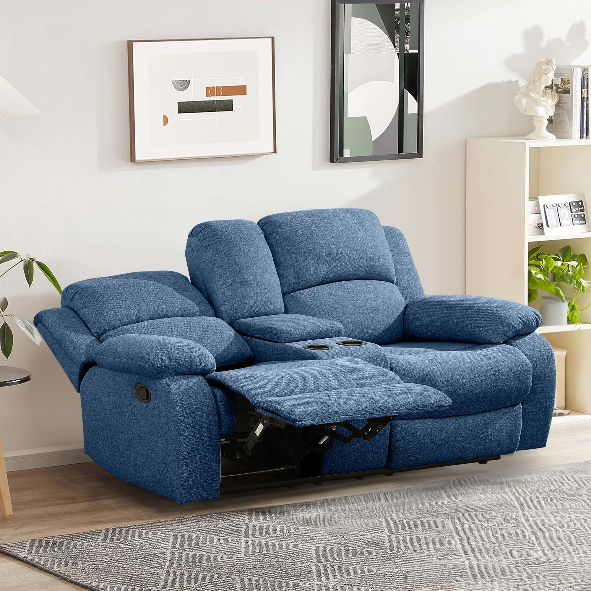 Aukfa Double Manual Recliner Chair, Overstuffed Loveseat with Cupholder for Living Room, Blue