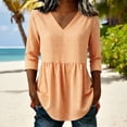 thumbnail image 2 of Qgtaibl Womens Plaid Babydoll Blouse Casual V Neck 3/4 Length Sleeve Cotton Shirts Loose Fit Flowy Pleated Tunic Tops Orange XXL, 2 of 7