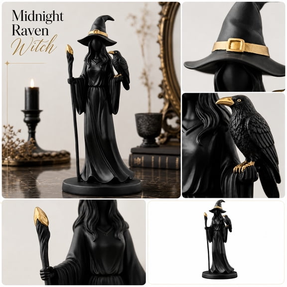 Halloween Decor Indoor Witch Figurine with Wand Black Resin Statue Witchy Room Ornament Spooky Halloween Decorations Shelf Mantel Tabletop Festive Celebration Gear Centerpiece