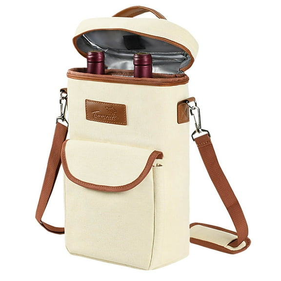 Tirrinia 2 Bottle Wine Gift Tote Carrier, Leakproof and Insulated with large pockets Wine Cooler Bag for Travel, Wine Tasting, Party, Dinner, Great Christmas Gift for Wine Lover, Beige