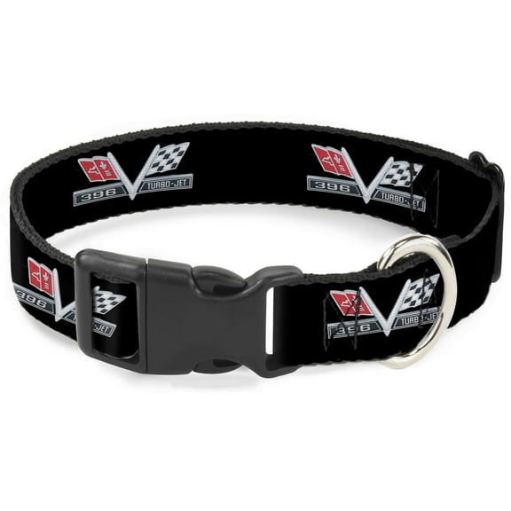 GM General Motors Pet Collar, Dog Collar Plastic Buckle, 1967 Impala 396 Turbo Jet V Emblem Black Silver Red White, 7 to 8.5 Inches 0.5 Inch Wide