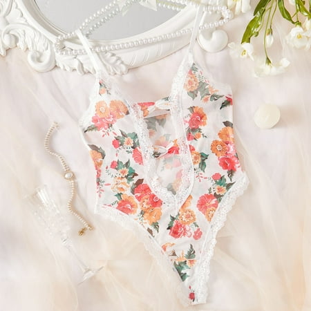 uublik Lingerie Set Women Valentine s Day One Piece Nightwear Lace Nightgown Bodysuit Chemise Sleepwear White L