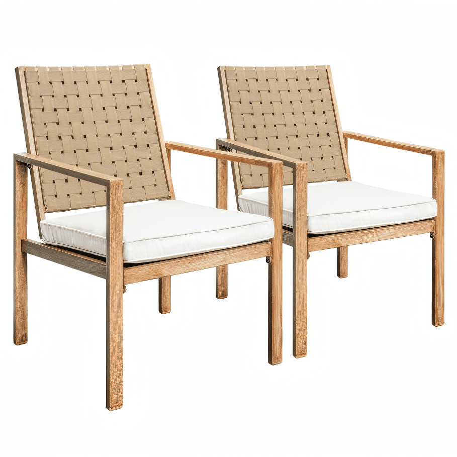 MOONMISS 2 Pack Patio Dining Chairs, Wood Grain Iron Frame Outdoor Chairs with Handmade Drawstring Design, Waterproof Removable Cushion, Ideal for Patio, Deck, Garden & Yard