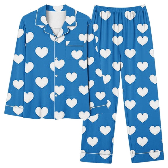 Luxalzxs Women Valentine's Day Pajama Sets Long Sleeve Love Heart Print Pj Sets Button Down Pajama Sleepwear Loungewear