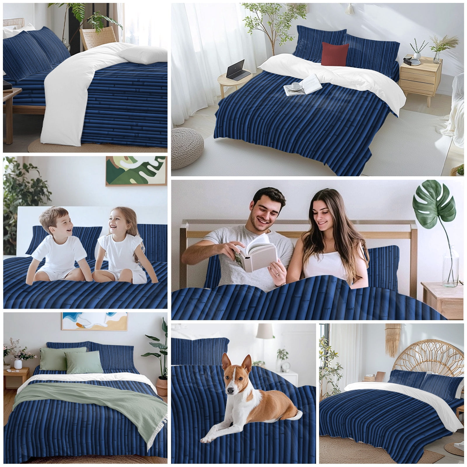 Blue Bamboos Queen Duvet Cover Set, Natural Vintage Bamboos Tree Plant Image 4 Piece Microfiber Bedding Set with Zipper Closure, Bed Sheet and 2 Pillow Shams, Soft Bedding Cover
