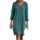 thumbnail image 1 of Vestido hasta la rodilla liso de manga tres cuartos suelto con cuello en V de algodón y lino a la moda para mujer Fridja  yut5346, 1 of 8