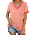 thumbnail image 2 of Clearance under $5 JINMGG Womens Tops Clearance under $5 Women's Fashion Patchwork Short Sleeve Tops V Neck Casual Packets Shirts Loose Blouse Pink M, 2 of 9