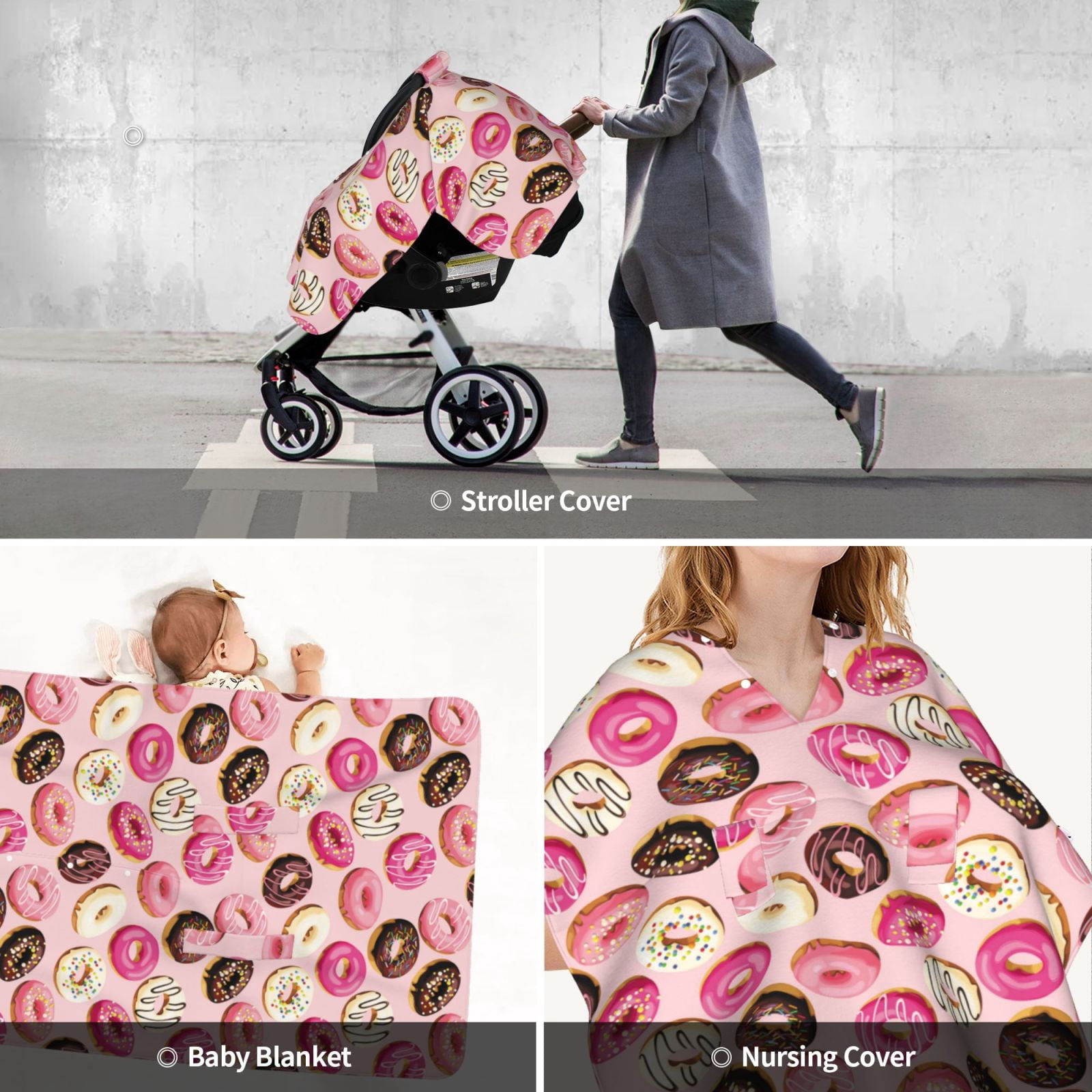 Car Seat Cover Baby - Pink Brown White Donut Print Breathable Infant Car Seat Cover for Baby Carseat, Lightweight Comfort Baby Essentials Must Haves Newborn Stuff for Girl Boy