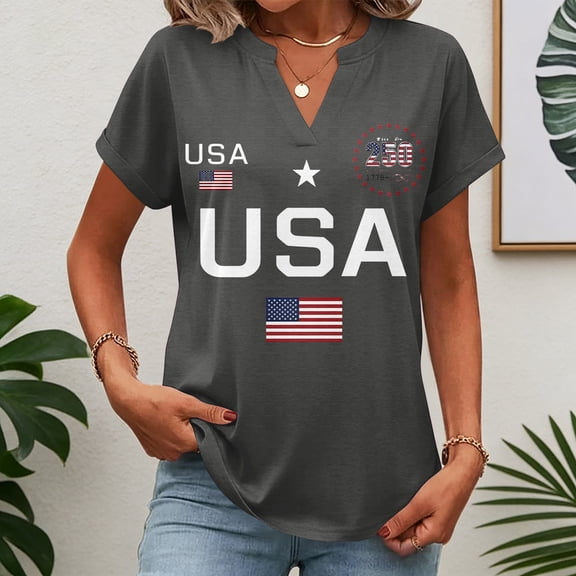 Iaqnaocc 4th Of July Womens Tops Summer America 250 V Neck Vintage T Shirt Patriotic 250 anniversary usa flag Freedom Short Sleeve Tee Tops Dark Gray L