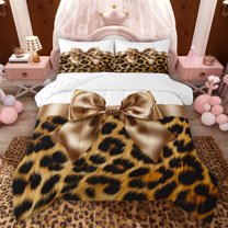 Feelyou Fashion Brown Bow Twin Comforter Sets, Polkadots Cheetah Print Bedding Set, 2pcs