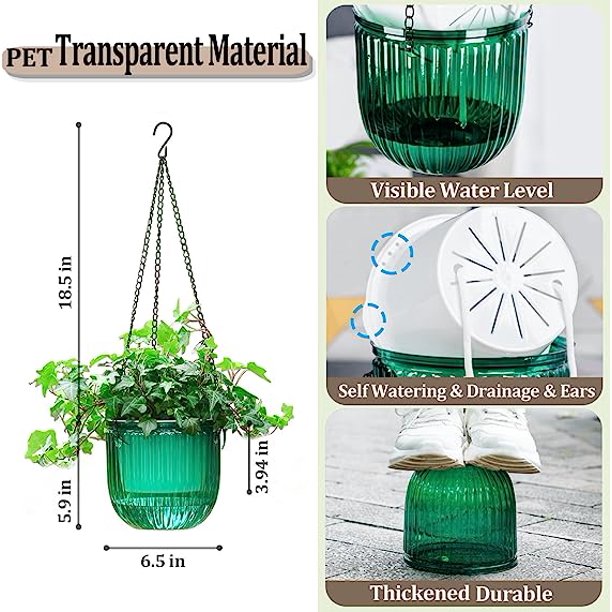 Melphoe 2 Pack Self Watering Hanging Planters Indoor Flower Pots, 18.5 Inch  Outdoor Hanging Basket, Plant Hanger with 3Hooks Drainage Holes for Garden